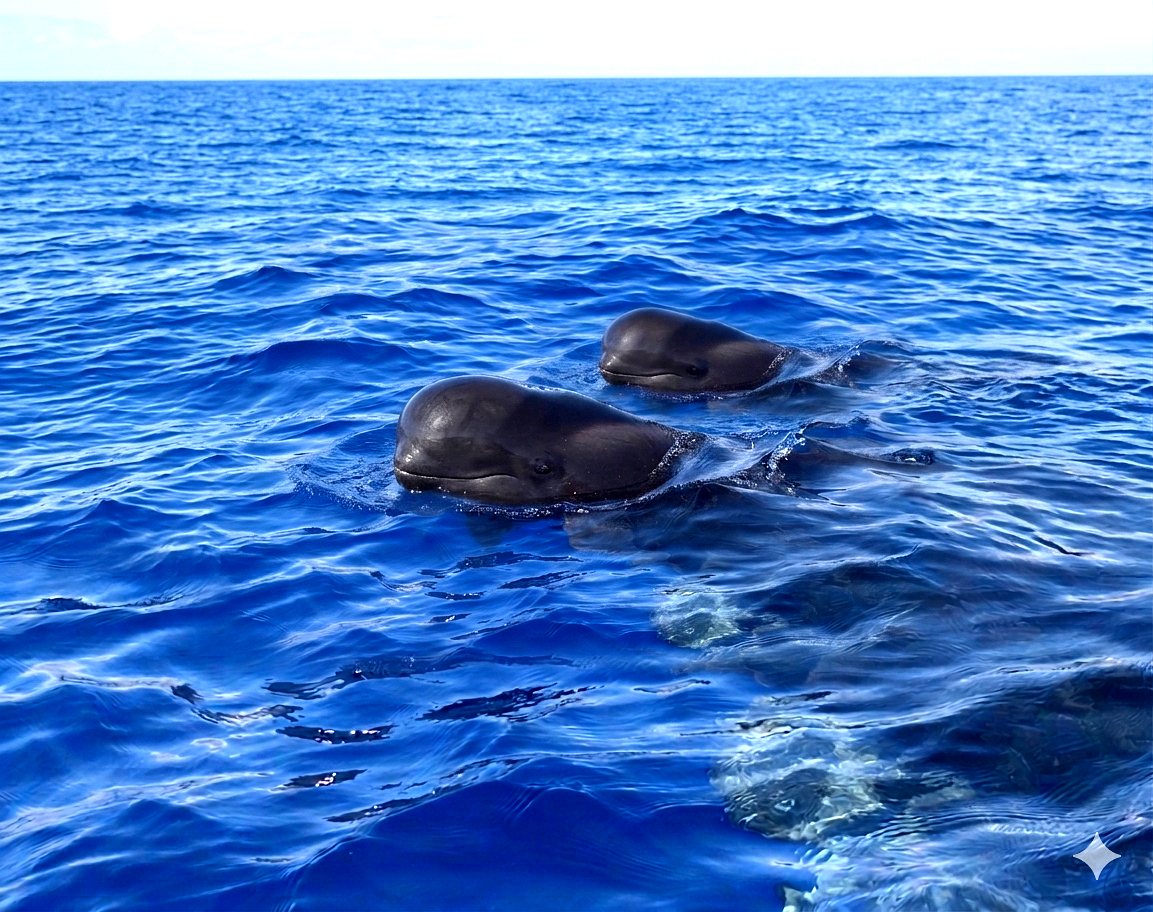 Dos calderones tropicales nadando en el mar de Tenerife — avistamiento privado de cetáceos con Ocean Friends